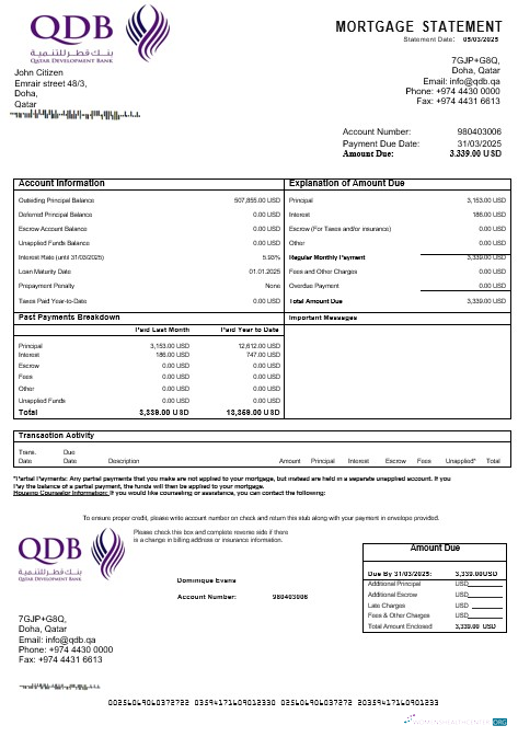 Download Qatar Development bank mortgage statement in Word and PDF formats Photoshop template